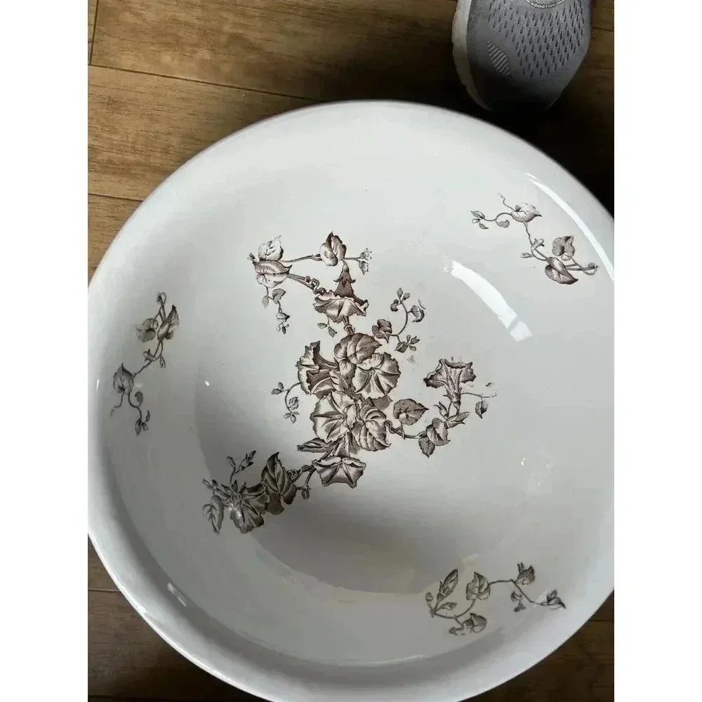 Antique Brown Transfer Ironstone Wash Bowl And Pitcher Morning Glory Pattern